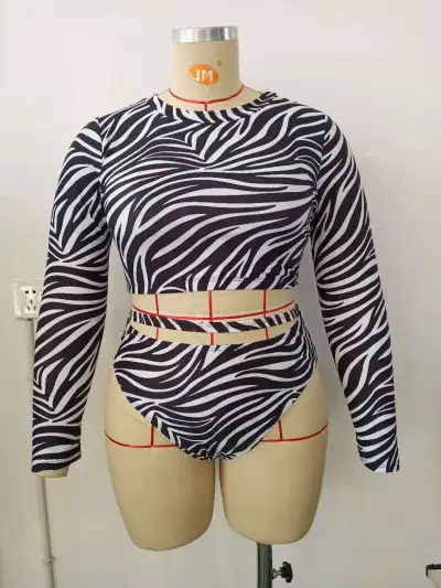 Women Fashion Sexy Plus Size Zebra Print Long Sleeve Tankini Swimsuit