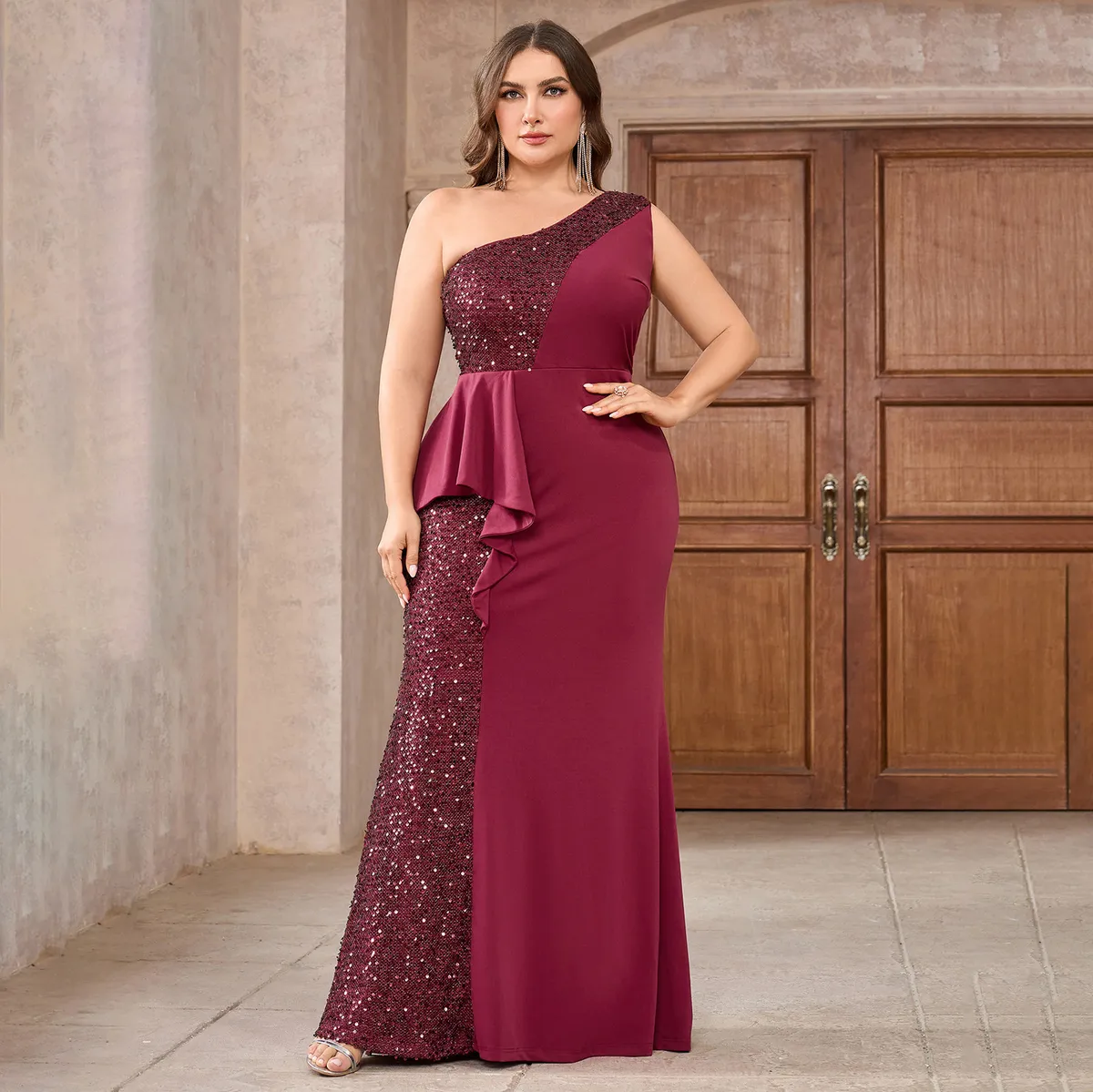 Women Fashion Sexy Elegant Plus Size Sequins Stitching Slanted Shoulder Sleeveless Slim-Fit Party Dress