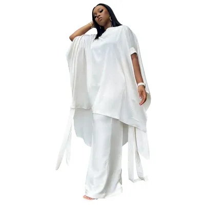 Women Fashion Casual Summer Plus Size Satin Loose Long Blouse Wide Leg Pants Two-Piece Set