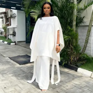 Women Fashion Casual Summer Plus Size Satin Loose Long Blouse Wide Leg Pants Two-Piece Set