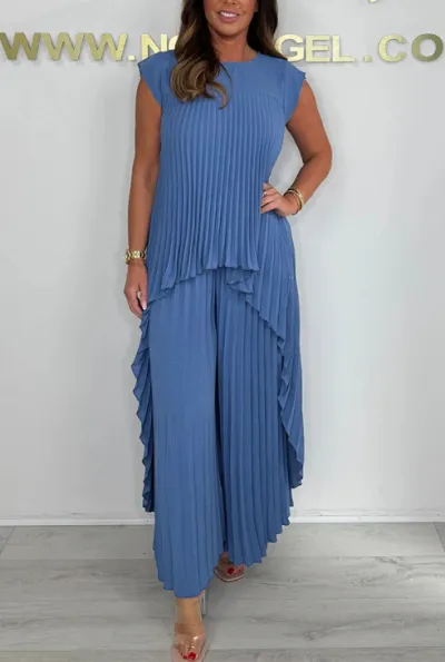 Women Fashion Casual Plus Size Solid Color Pleated Sleeveless Tank Top Loose Pants Two-Piece Set
