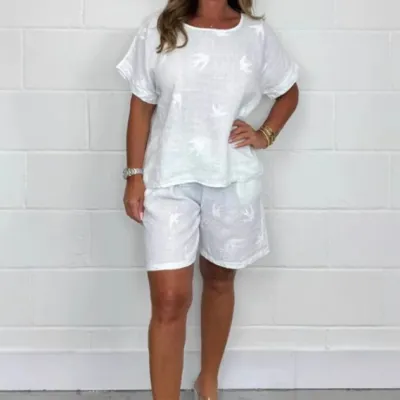 Women Fashion Casual Summer Plus Size Printed Short-Sleeve T-Shirt Loose Shorts Two-Piece Set