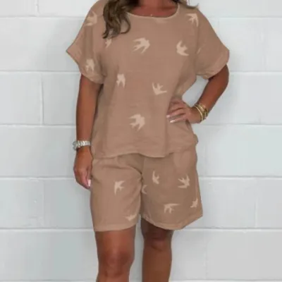 Women Fashion Casual Summer Plus Size Printed Short-Sleeve T-Shirt Loose Shorts Two-Piece Set