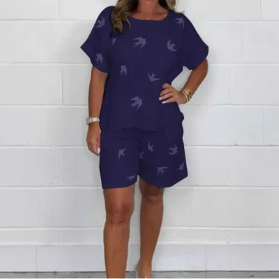 Women Fashion Casual Summer Plus Size Printed Short-Sleeve T-Shirt Loose Shorts Two-Piece Set