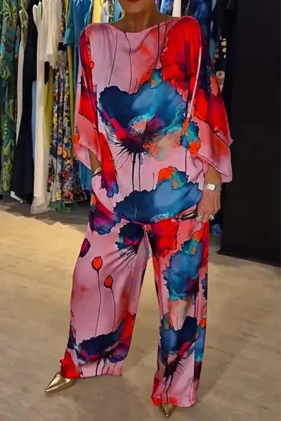 Women Fashion Casual Plus Size Printed Satin Long-Sleeve Blouse Loose Drawstring Pants Two-Piece Set
