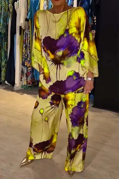 Women Fashion Casual Plus Size Printed Satin Long-Sleeve Blouse Loose Drawstring Pants Two-Piece Set