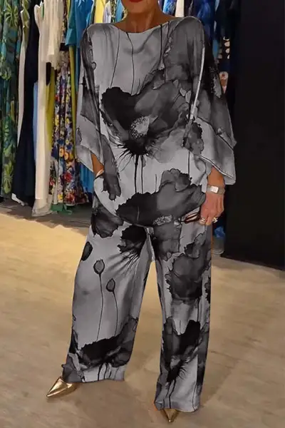 Women Fashion Casual Plus Size Printed Satin Long-Sleeve Blouse Loose Drawstring Pants Two-Piece Set
