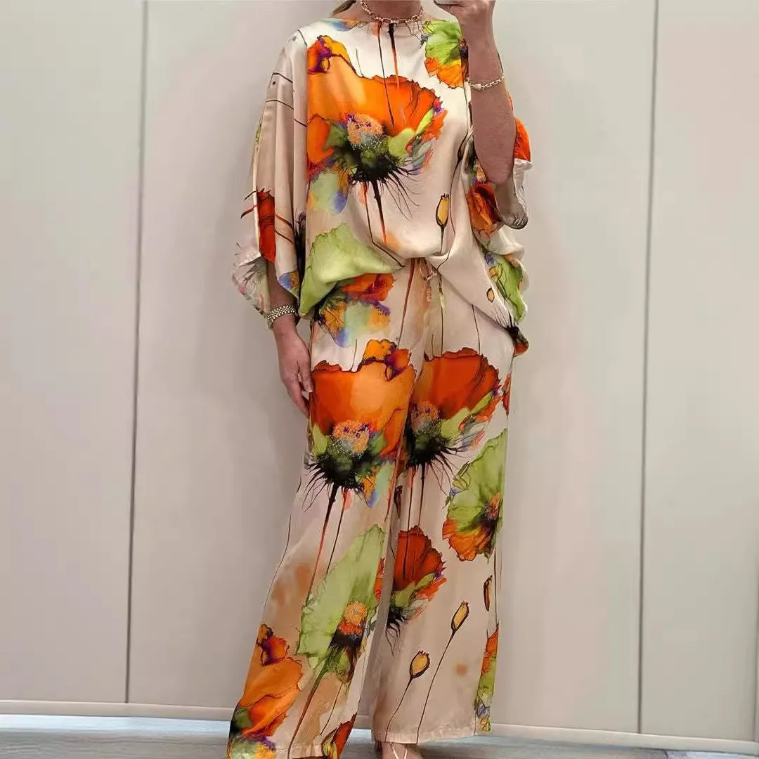 Women Fashion Casual Plus Size Printed Satin Long-Sleeve Blouse Loose Drawstring Pants Two-Piece Set