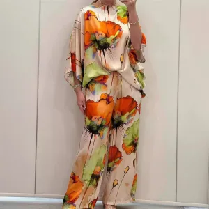 Women Fashion Casual Plus Size Printed Satin Long-Sleeve Blouse Loose Drawstring Pants Two-Piece Set