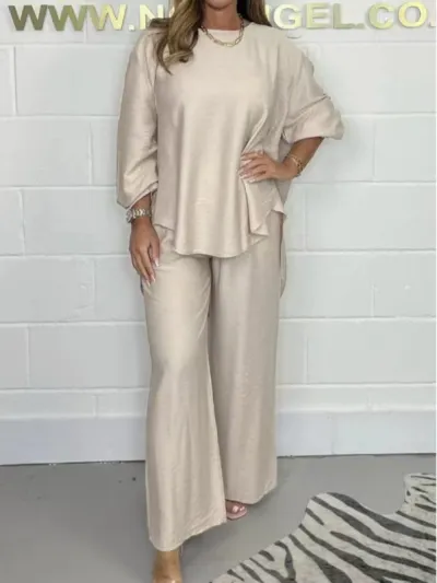 Women Fashion Casual Plus Size Solid Color Satin Long-Sleeve Blouse Wide Leg Pants Two-Piece Set