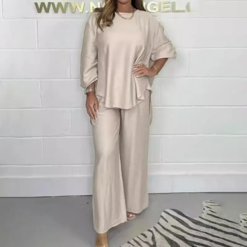 Women Fashion Casual Plus Size Solid Color Satin Long-Sleeve Blouse Wide Leg Pants Two-Piece Set