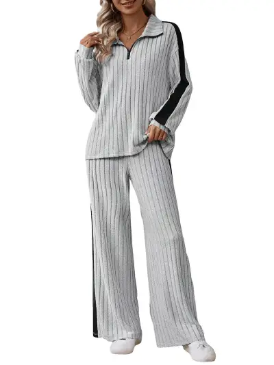 Women Fashion Casual Autumn Plus Size Color Block Lapel Sweatshirt Wide-Leg Pants Two-Piece Set