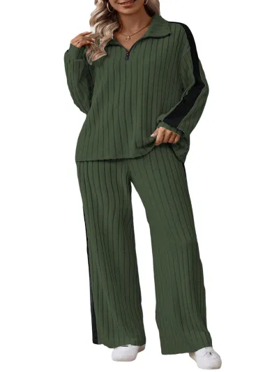 Women Fashion Casual Autumn Plus Size Color Block Lapel Sweatshirt Wide-Leg Pants Two-Piece Set