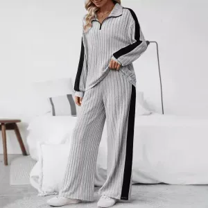 Women Fashion Casual Autumn Plus Size Color Block Lapel Sweatshirt Wide-Leg Pants Two-Piece Set