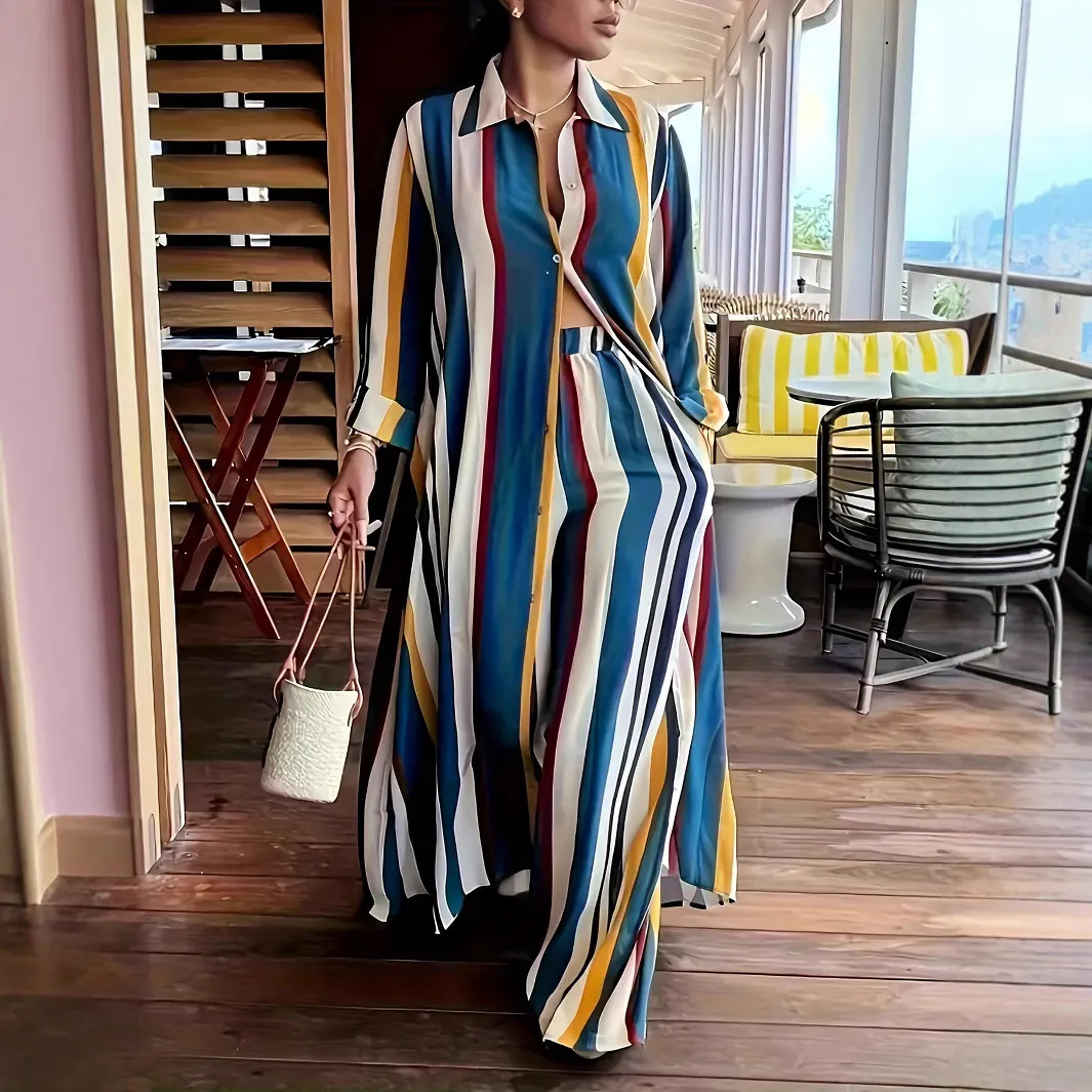 Women Fashion Casual Plus Size Striped Print Button Long Sleeve Blouse Loose Pants Two-Piece Set