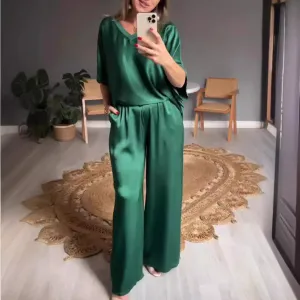 Women Fashion Casual Summer Plus Size Solid Color V-Neck Short-Sleeve Blouse Loose Pants Two-Piece Set