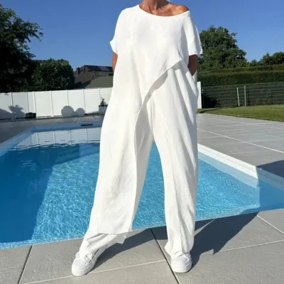Women Fashion Casual Plus Size Solid Color Cotton And Linen Irregular Short Sleeve T-Shirt Loose Pants Two-Piece Set