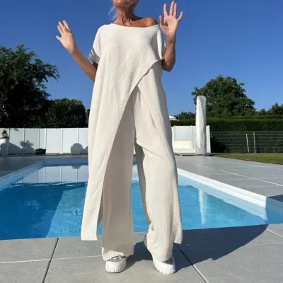 Women Fashion Casual Plus Size Solid Color Cotton And Linen Irregular Short Sleeve T-Shirt Loose Pants Two-Piece Set