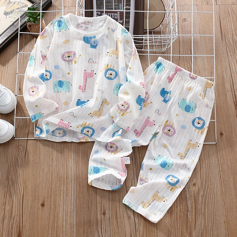 Kids Boys And Girls Fashion Casual Summer Thin Cotton Printed Long-Sleeve T-Shirt Pants Pajamas Two-Piece Set