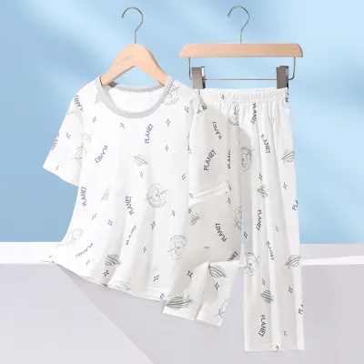 Kids Boys Girls Summer Cotton Printed Short Sleeve T-Shirt Pants Pajamas Two-Piece Set