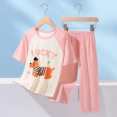 Kids Boys Girls Summer Cotton Printed Short Sleeve T-Shirt Pants Pajamas Two-Piece Set