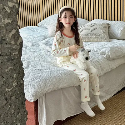 Kids Boys and Girls Fashion Autumn Winter Cotton Printed Long-Sleeve T-Shirt Pants Pajamas Two-Piece Set