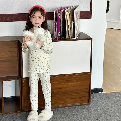 Kids Boys and Girls Fashion Autumn Winter Cotton Printed Long-Sleeve T-Shirt Pants Pajamas Two-Piece Set