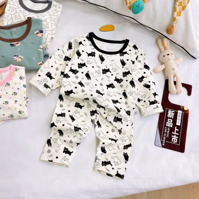 Kids Boys and Girls Fashion Autumn Winter Cotton Printed Long-Sleeve T-Shirt Pants Pajamas Two-Piece Set