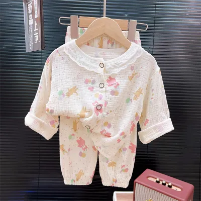 Kids Unisex Sweet Summer Printed Cotton Thin Long-Sleeve Dropped Shoulder Top Pants Pajamas Two-Piece Set