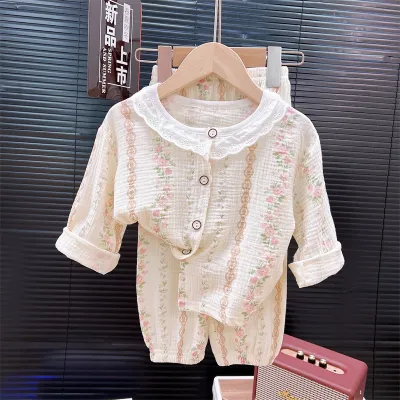 Kids Unisex Sweet Summer Printed Cotton Thin Long-Sleeve Dropped Shoulder Top Pants Pajamas Two-Piece Set