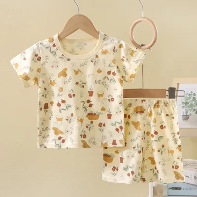 Kids Boys Girls Summer Printed Cotton Short-Sleeve T-Shirt Shorts Pajamas Two-Piece Set