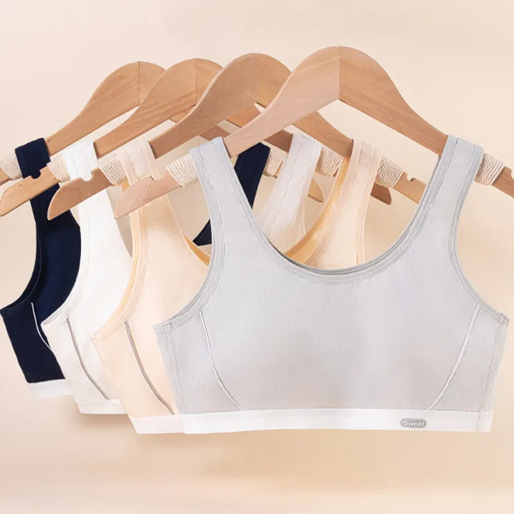 Kids Girls' Fashion Simple Cotton Vest-Style Bra with Thin-Molded Cup and Fixed Shoulder Straps