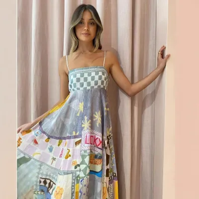 Women Fashion Sexy Spring And Summer Flower Printed Spaghetti Strap Loose Dress