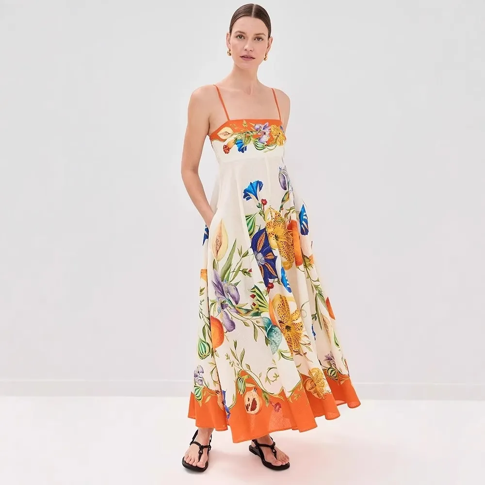 Women Fashion Sexy Spring And Summer Flower Printed Spaghetti Strap Loose Dress