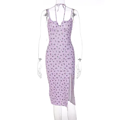 Women Fashion Sexy Summer Flower Printed Spaghetti Strap Split Dress