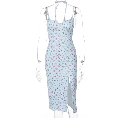 Women Fashion Sexy Summer Flower Printed Spaghetti Strap Split Dress