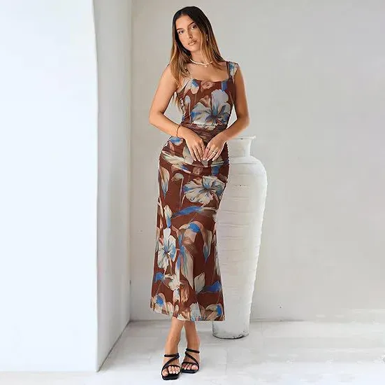 Women Fashion Sexy Summer Flower Printed Sleeveless Backless Dress