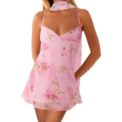 Women Fashion Sexy Summer Flower Printed Spaghetti Strap Backless Lace-Up Dress