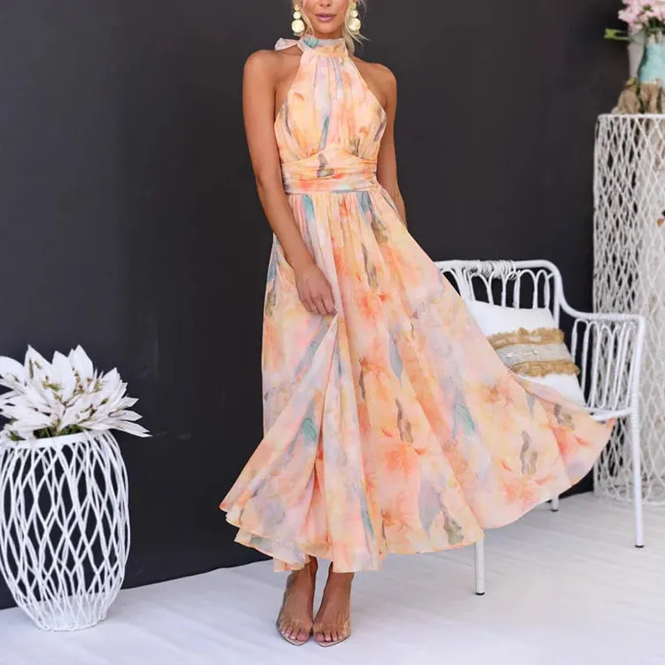 Women Fashion Elegant Summer Multicolor Flower Printed Halter-Neck Backless Dress