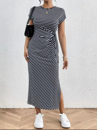 Women Fashion Casual Summer Stripe Round Neck Short-Sleeve Dress