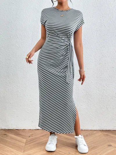 Women Fashion Casual Summer Stripe Round Neck Short-Sleeve Dress