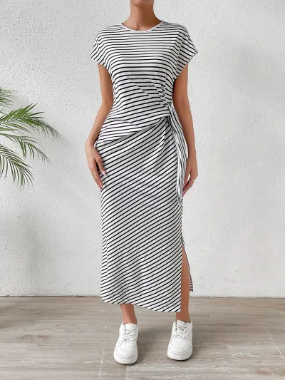 Women Fashion Casual Summer Stripe Round Neck Short-Sleeve Dress