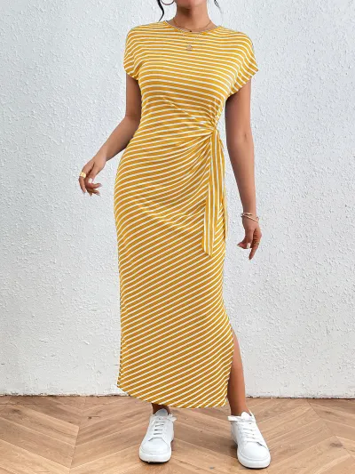Women Fashion Casual Summer Stripe Round Neck Short-Sleeve Dress