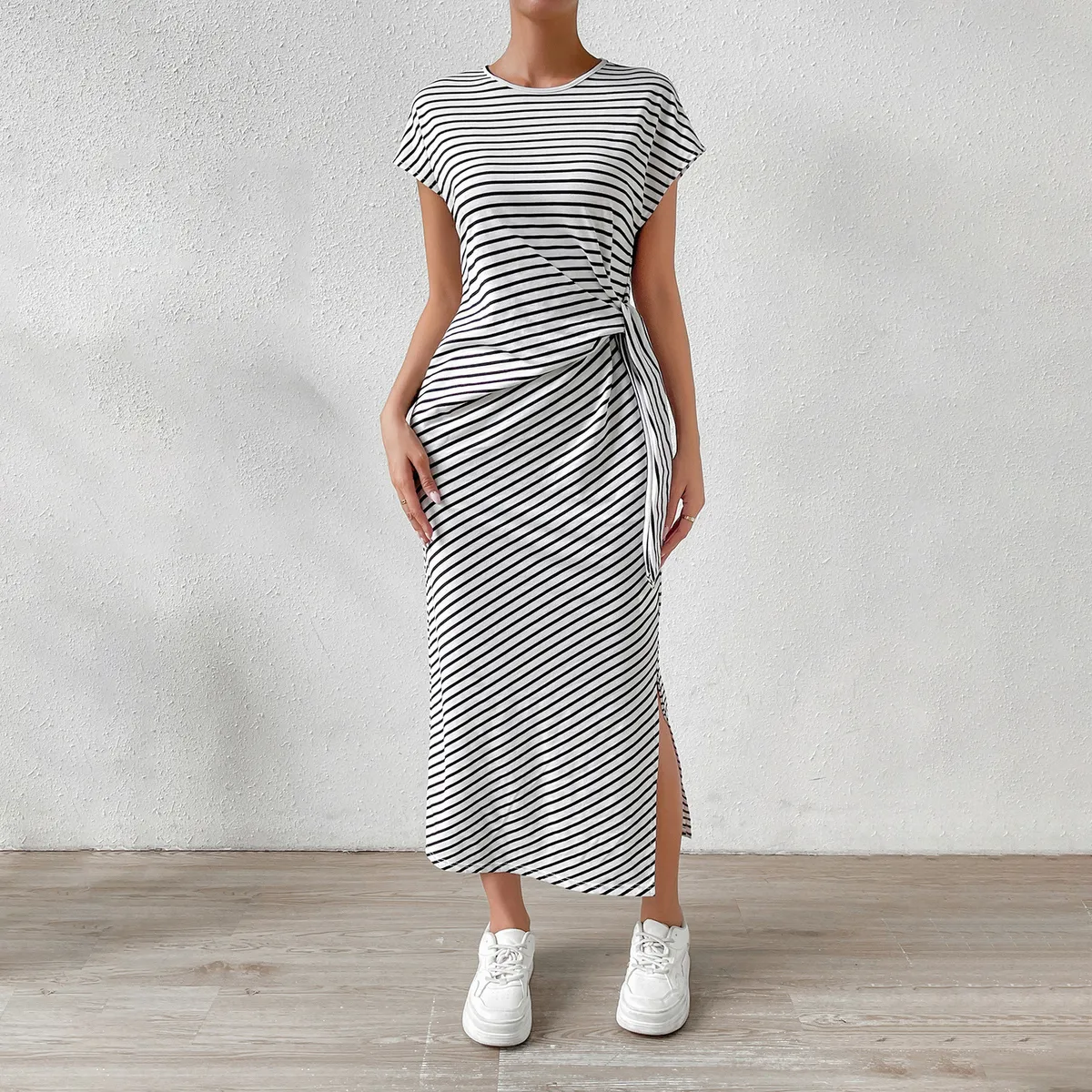 Women Fashion Casual Summer Stripe Round Neck Short-Sleeve Dress