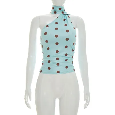 Women Fashion Sexy Summer Irregular Polka Dots Printed Double-Layer Slim-Fit Crop Top
