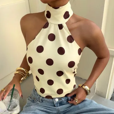 Women Fashion Sexy Summer Polka Dots Printed Halter-Neck Sleeveless Backless Tank Top