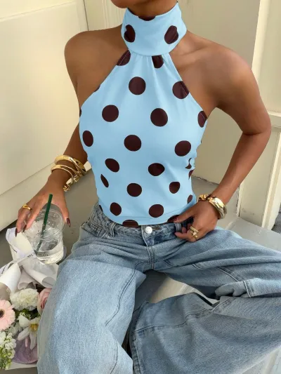 Women Fashion Sexy Summer Polka Dots Printed Halter-Neck Sleeveless Backless Tank Top