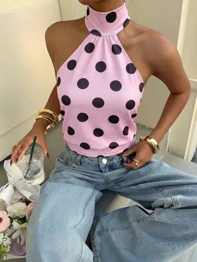 Women Fashion Sexy Summer Polka Dots Printed Halter-Neck Sleeveless Backless Tank Top