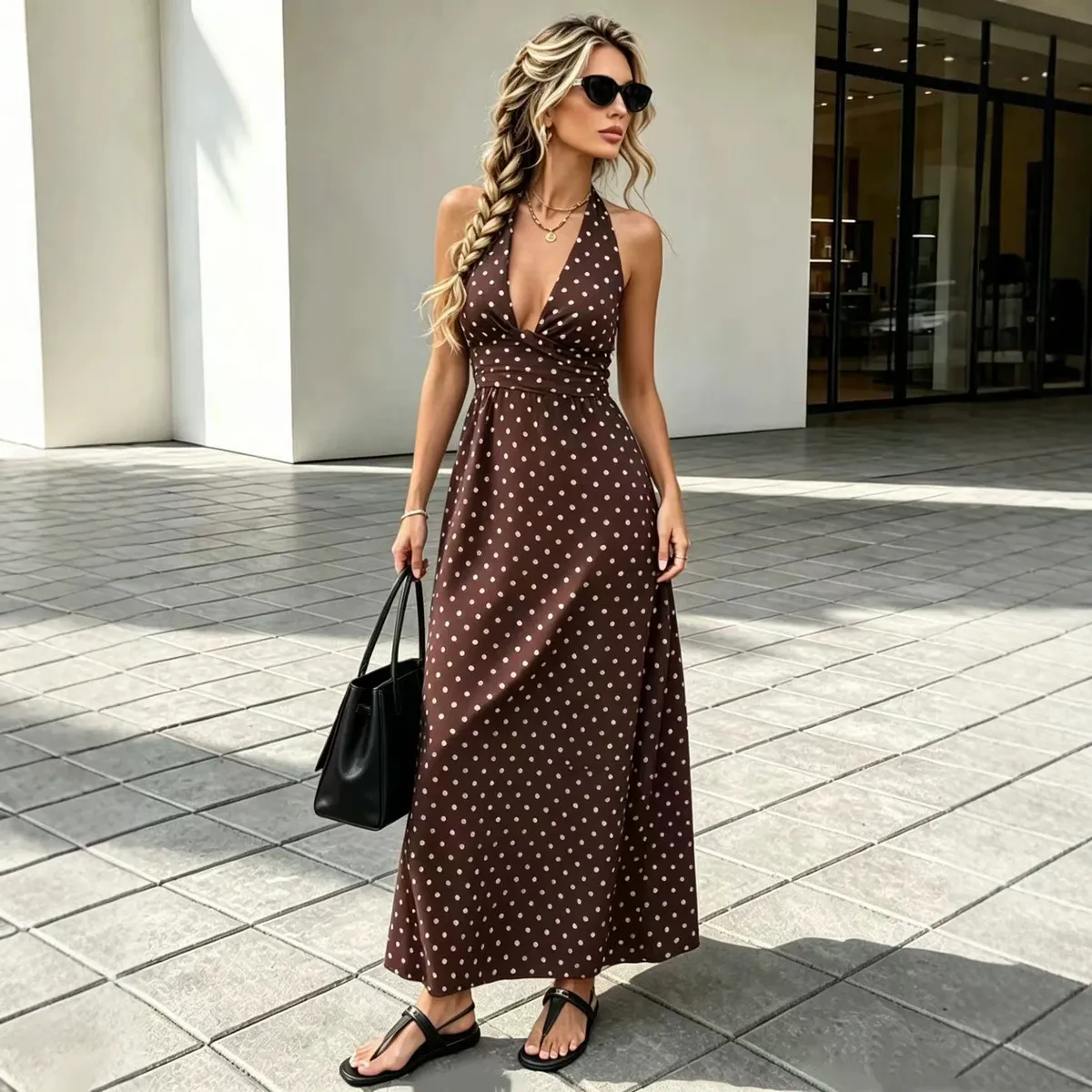 Women Fashion Sexy Summer Polka Dots Printed Halter-Neck Lace-Up Dress