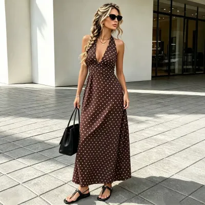Vestido de verano sexy para mujer con estampado de lunares, cuello halter y cordones.